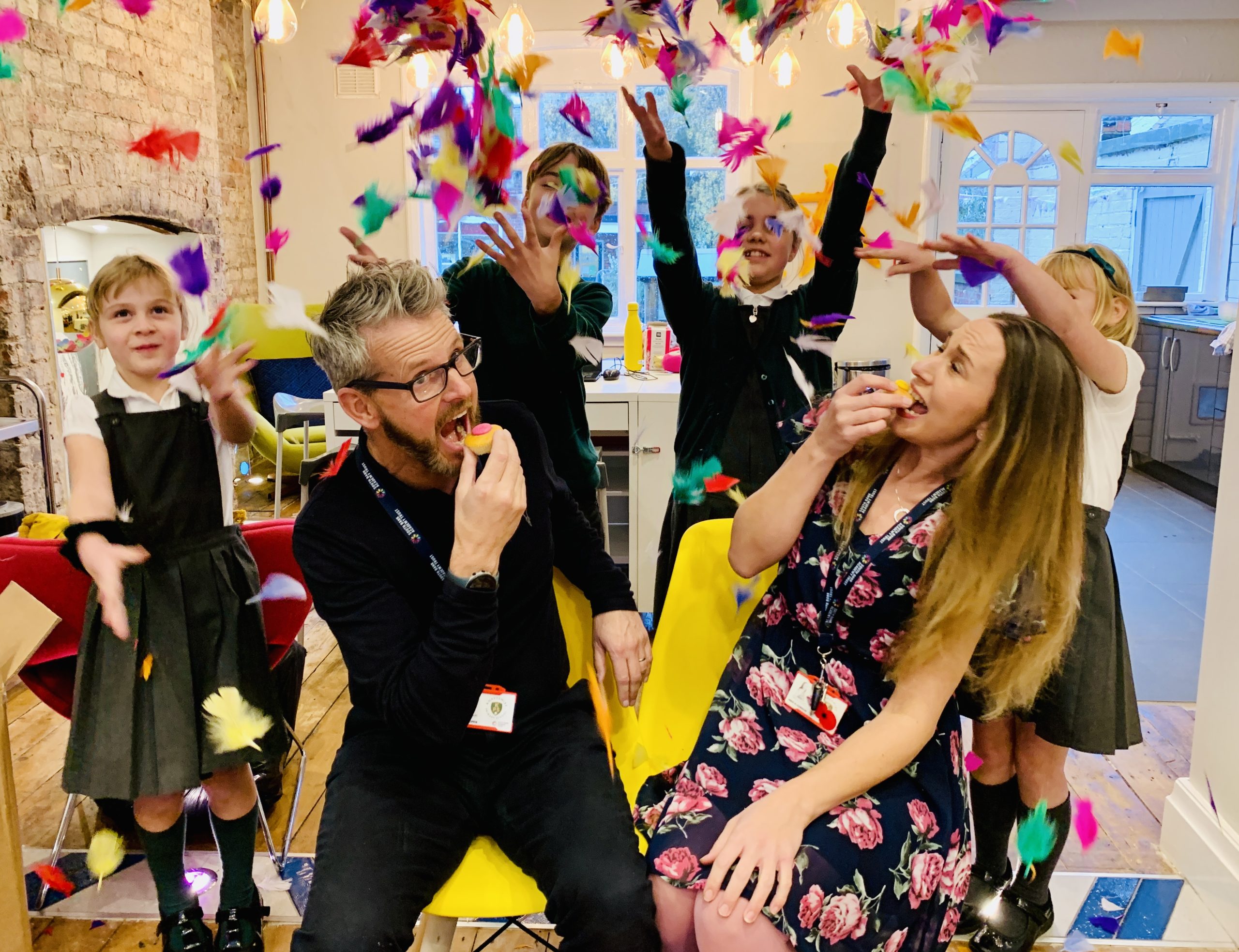 Image of headteacher, deputy headteacher and students at Knavesmire Primary School celebrating their Good Ofsted result